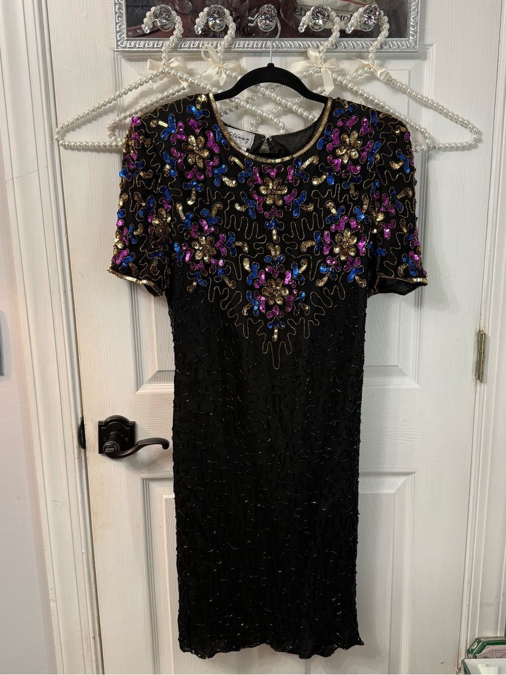 Vintage Embellished Black Cocktail Dress w/ Multicolor Floral Beading NYE Dress